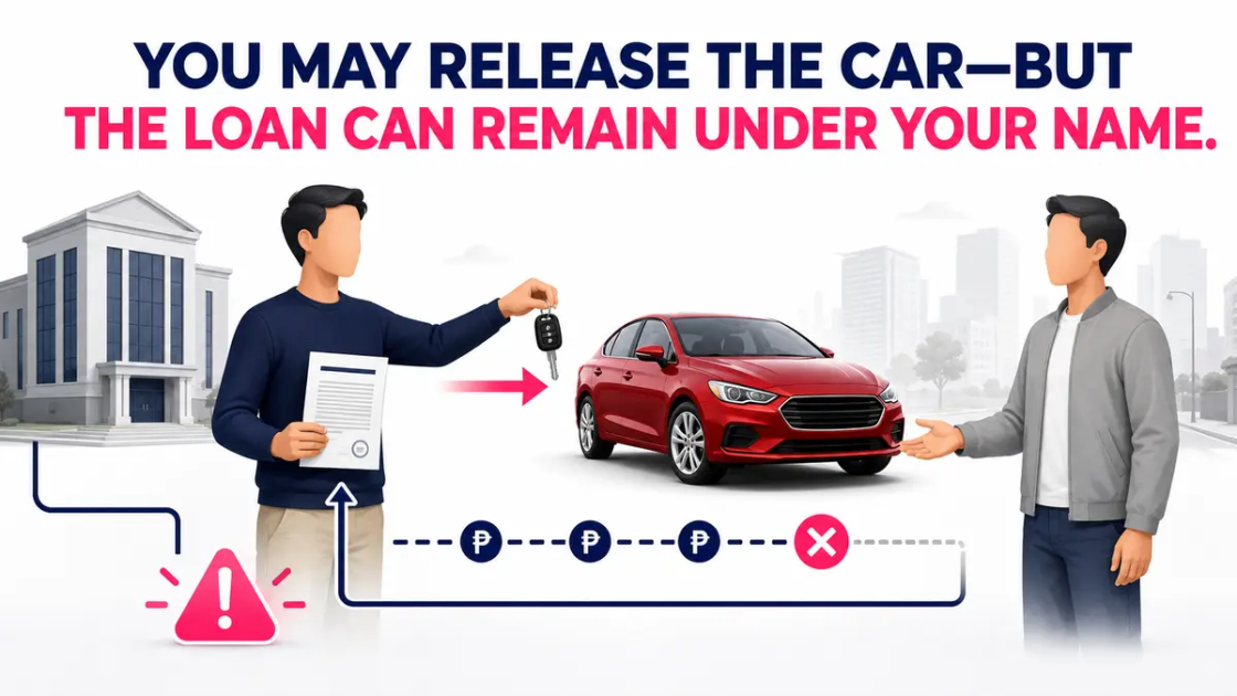 Illustration showing a seller releasing a car while the outstanding loan remains under the seller's name